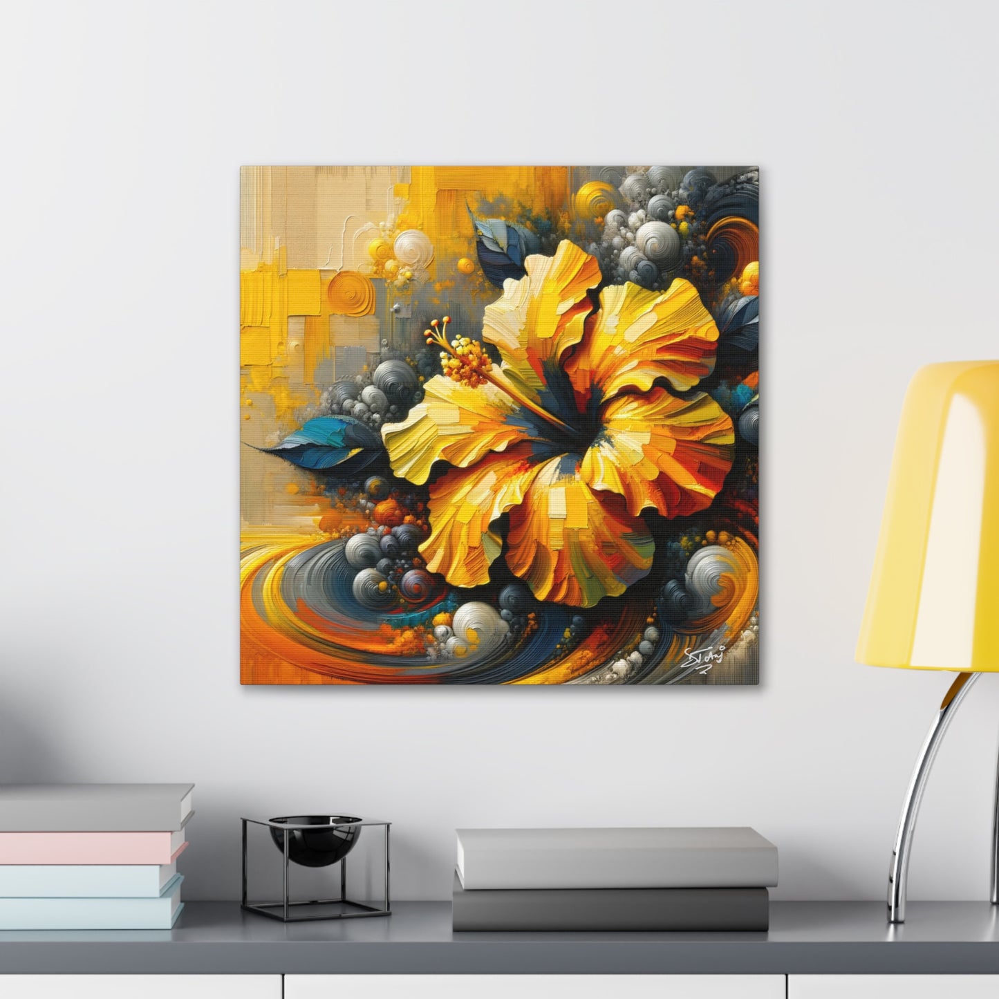 Oil Print#2 of a Yellow Hibiscus Flower, Close-up View, Semi-abstract, Caribbean, Vibrant Vivid Colors, Canvas Gallery Wraps