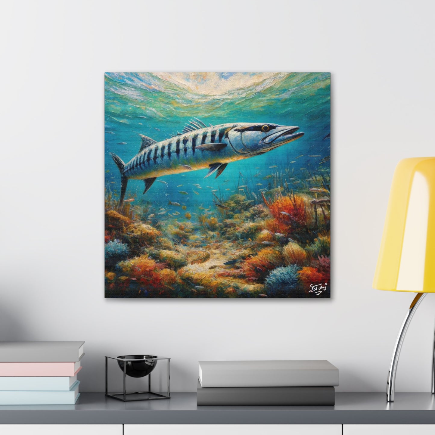 Art Print, Great Barracuda, Oil Finish, Caribbean Nature, Canvas Gallery Wrap