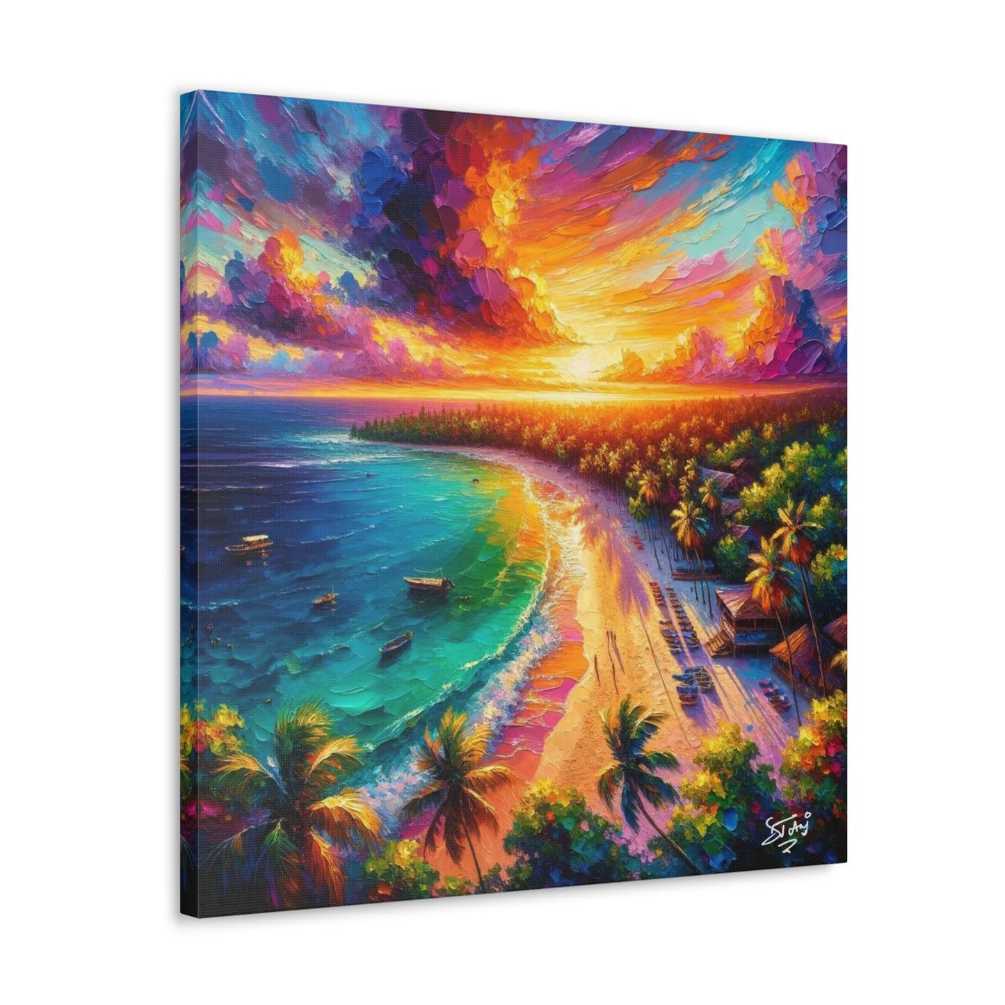 Art Print of Caribbean Beach Sunset Scene, Oil Painting, West Indian Art, Canvas Gallery Wraps