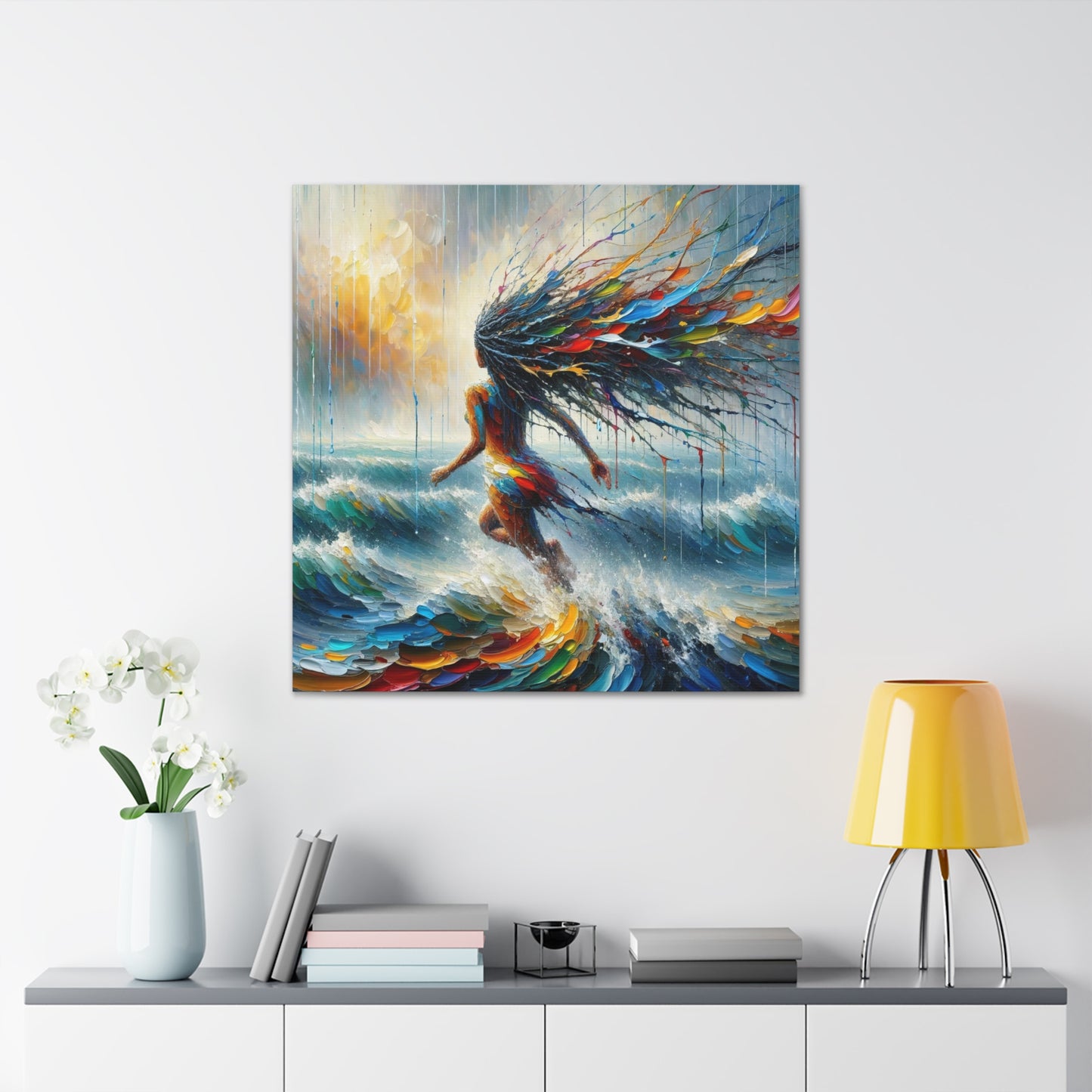 Art Print#5, East Indian Woman from Trinidad running into the Atlantic Ocean, Caribbean, Oil Finish, West Indian Art, Canvas Gallery Wraps