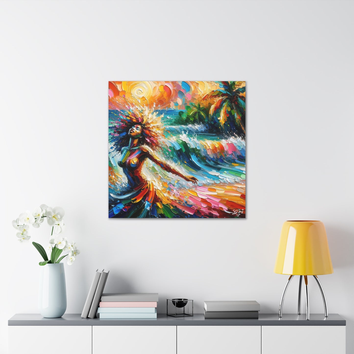 Art Print, Afro-Caribbean Woman, "Enjoying the Sunset" Abstract, Oil Finish, West Indian Ethnicity, Cultural, Heritage, Abstract, Canvas Gallery Wrap