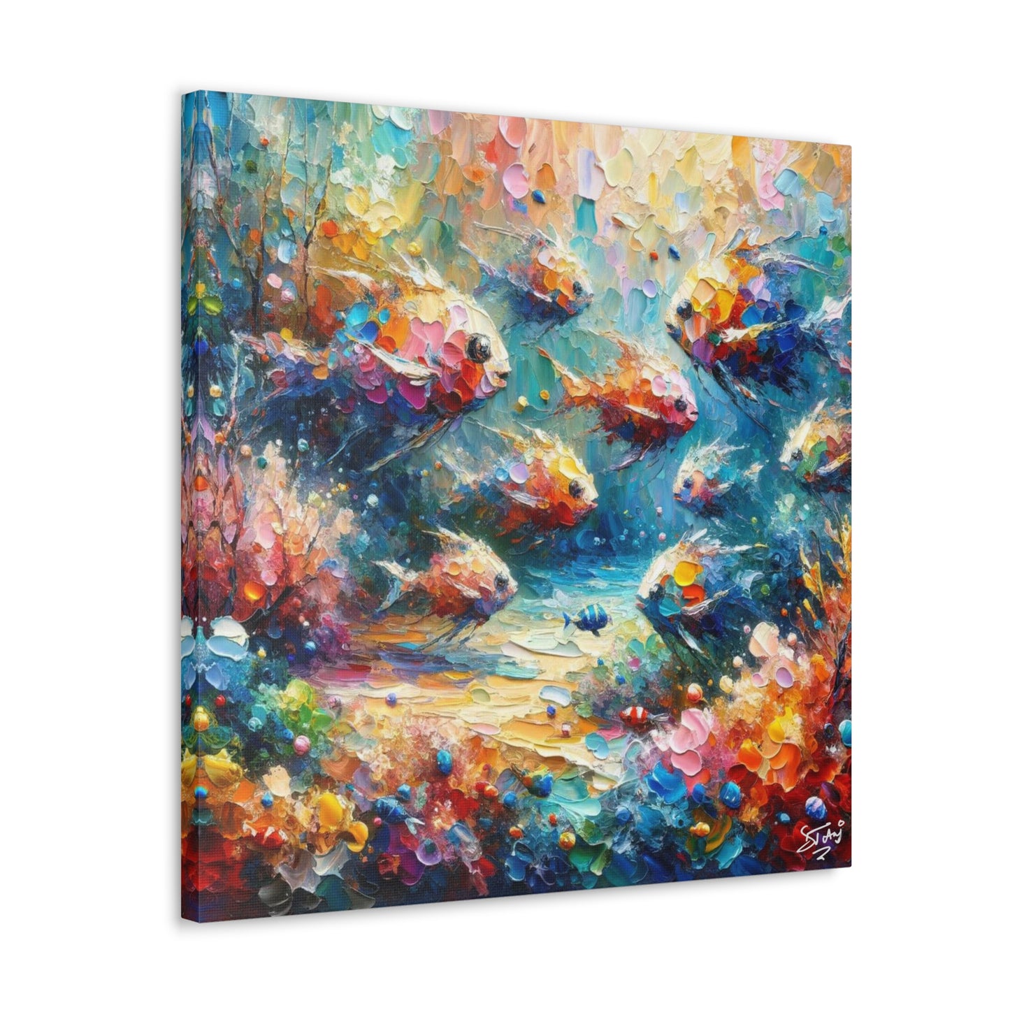 Art Print, Fishes in Coral Reef, Oil Finish, Caribbean Nature, Semi-Abstract, Canvas Gallery Wrap