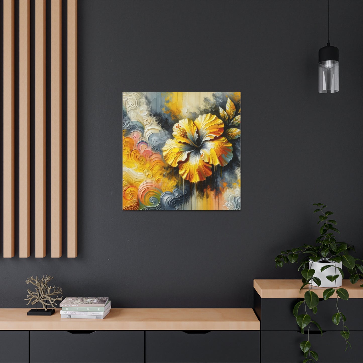 Oil Print of a Yellow Hibiscus Flower, Close-up View, Semi-abstract, Caribbean, Vibrant Vivid Colors, Canvas Gallery Wraps