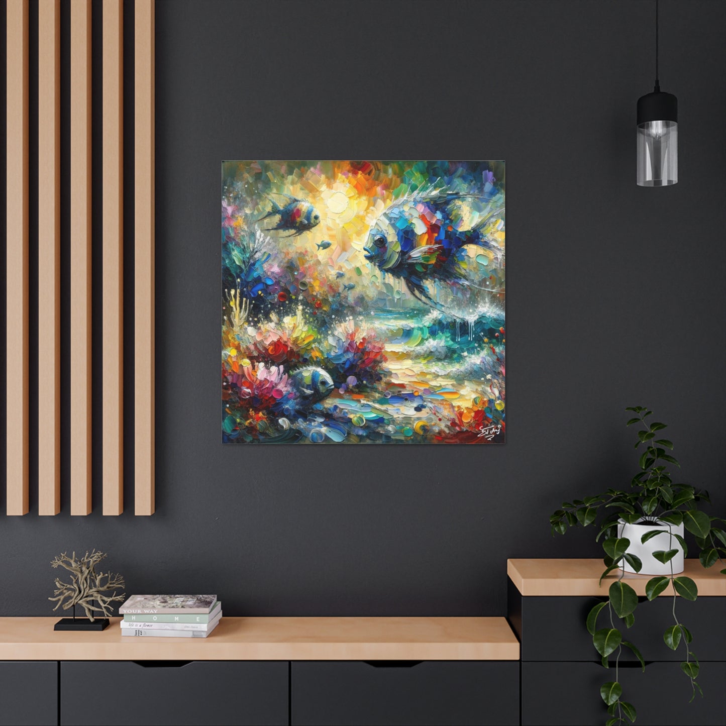 Art Print, Fishes in Coral Reef (2), Oil Finish, Caribbean Nature, Semi-Abstract, Canvas Gallery Wrap