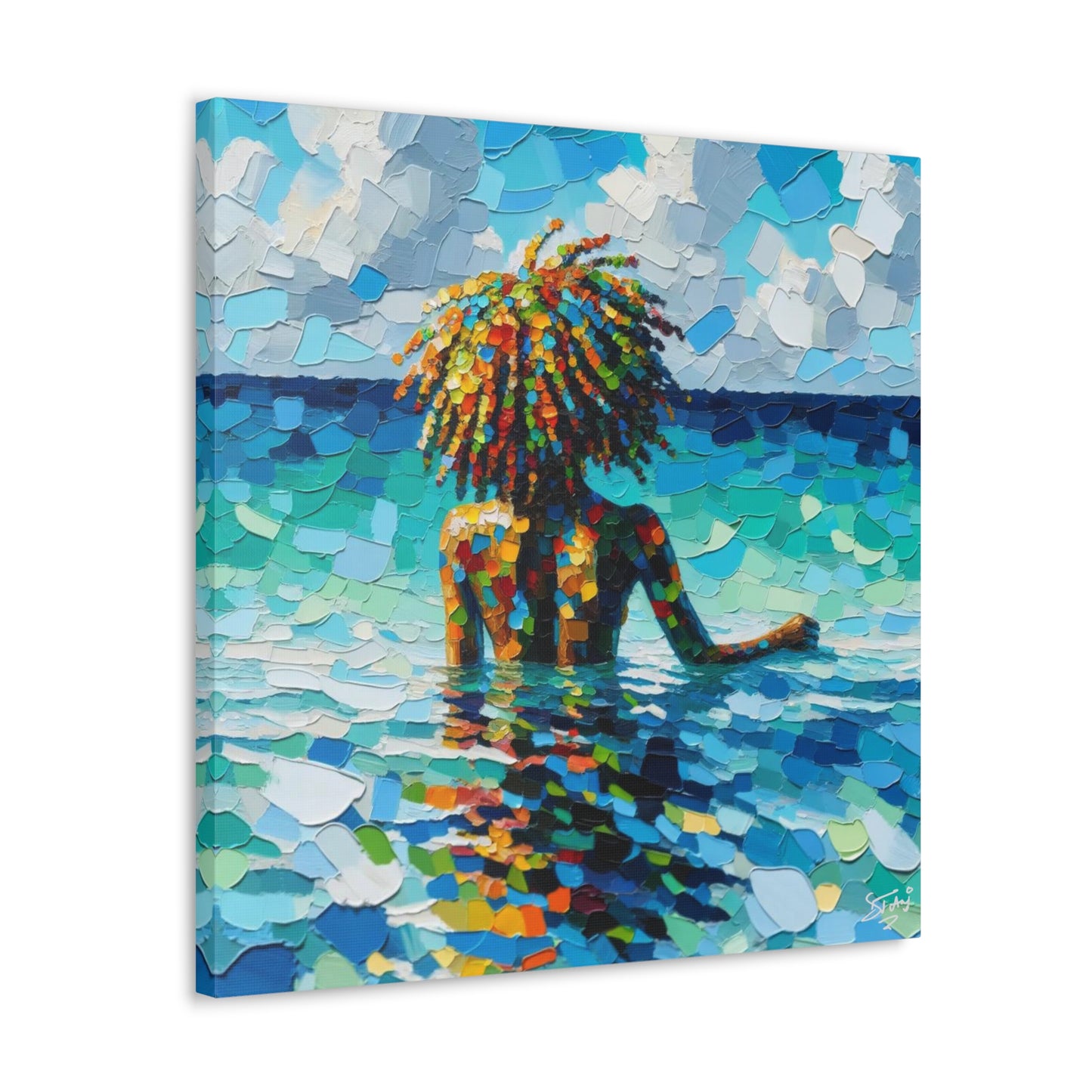 Art Print, Afro-Caribbean Woman, "Sea Bath" Oil Finish, West Indian Ethnicity, Cultural, Heritage, Abstract, Canvas Gallery Wrap