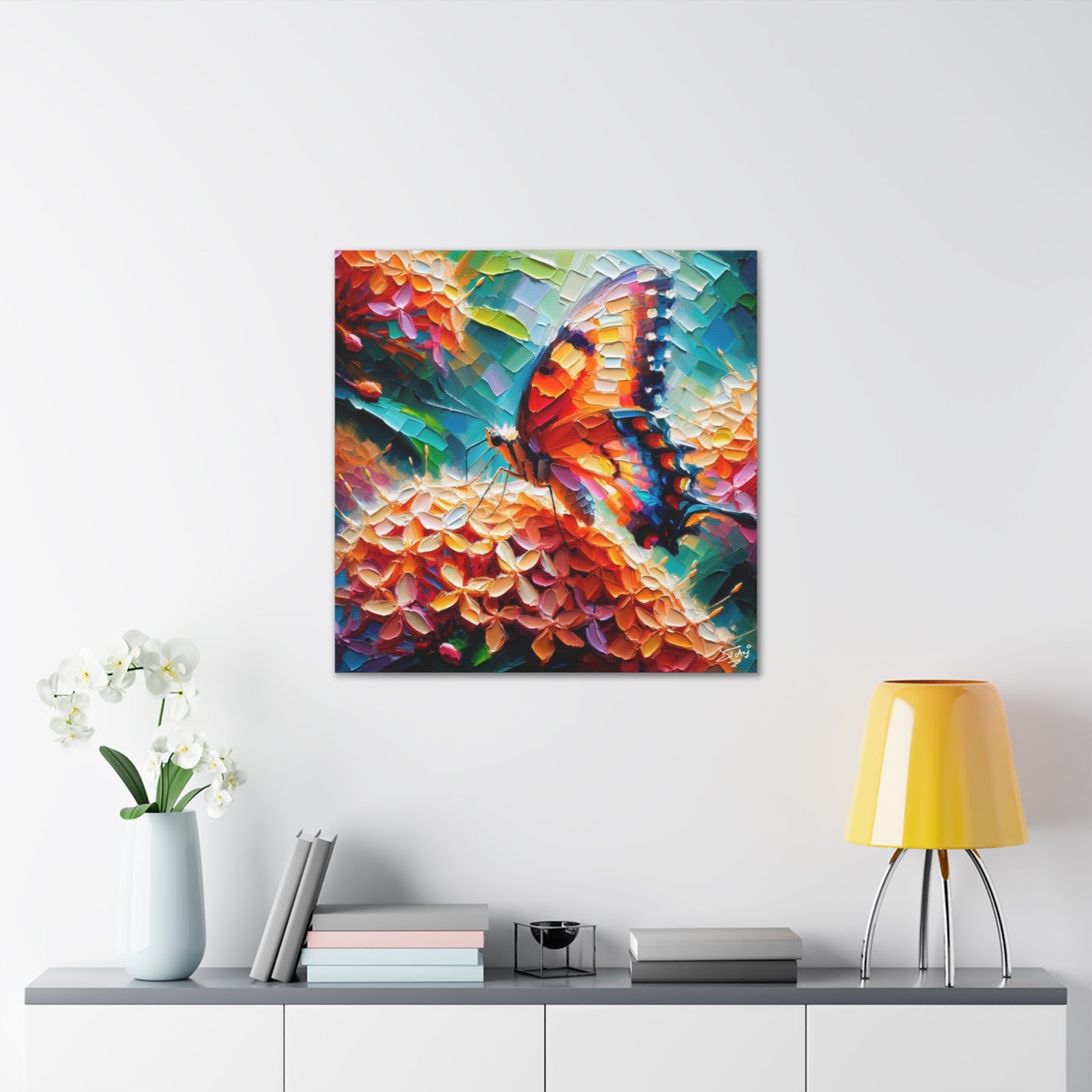 Art Print, Butterfly on Ixoras, Oil Finish, Caribbean Nature, Cultural, Heritage, Semi-Abstract, Canvas Gallery Wrap