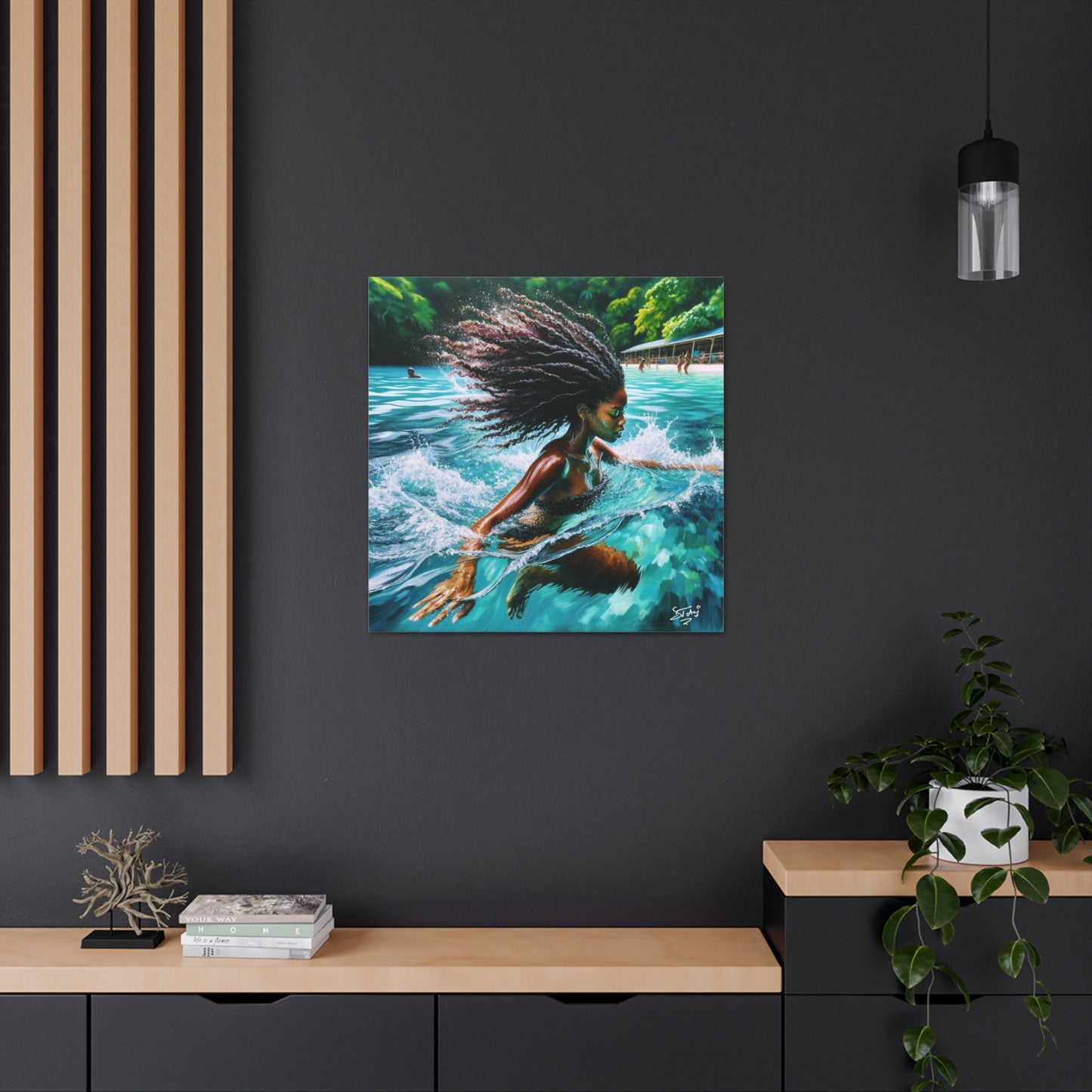 Art Print, Afro-Caribbean Woman, "Sea Bath" Abstract, Oil Finish, West Indian Ethnicity, Cultural, Heritage, Abstract, Canvas Gallery Wrap