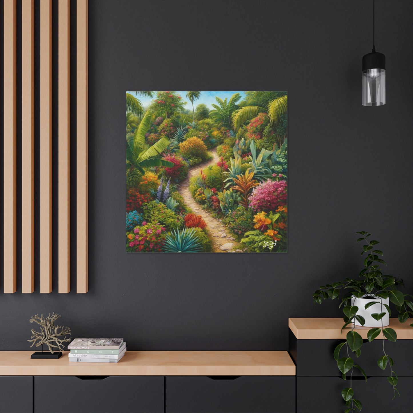 Art Print of Tropical Flower Garden, Oil Finish, West Indian Art, Canvas Gallery Wraps