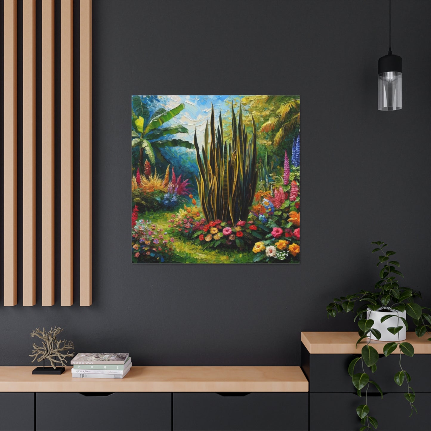 Art Print of Snake Plant in Tropical Flower Garden, Oil Finish, West Indian Art, Canvas Gallery Wraps