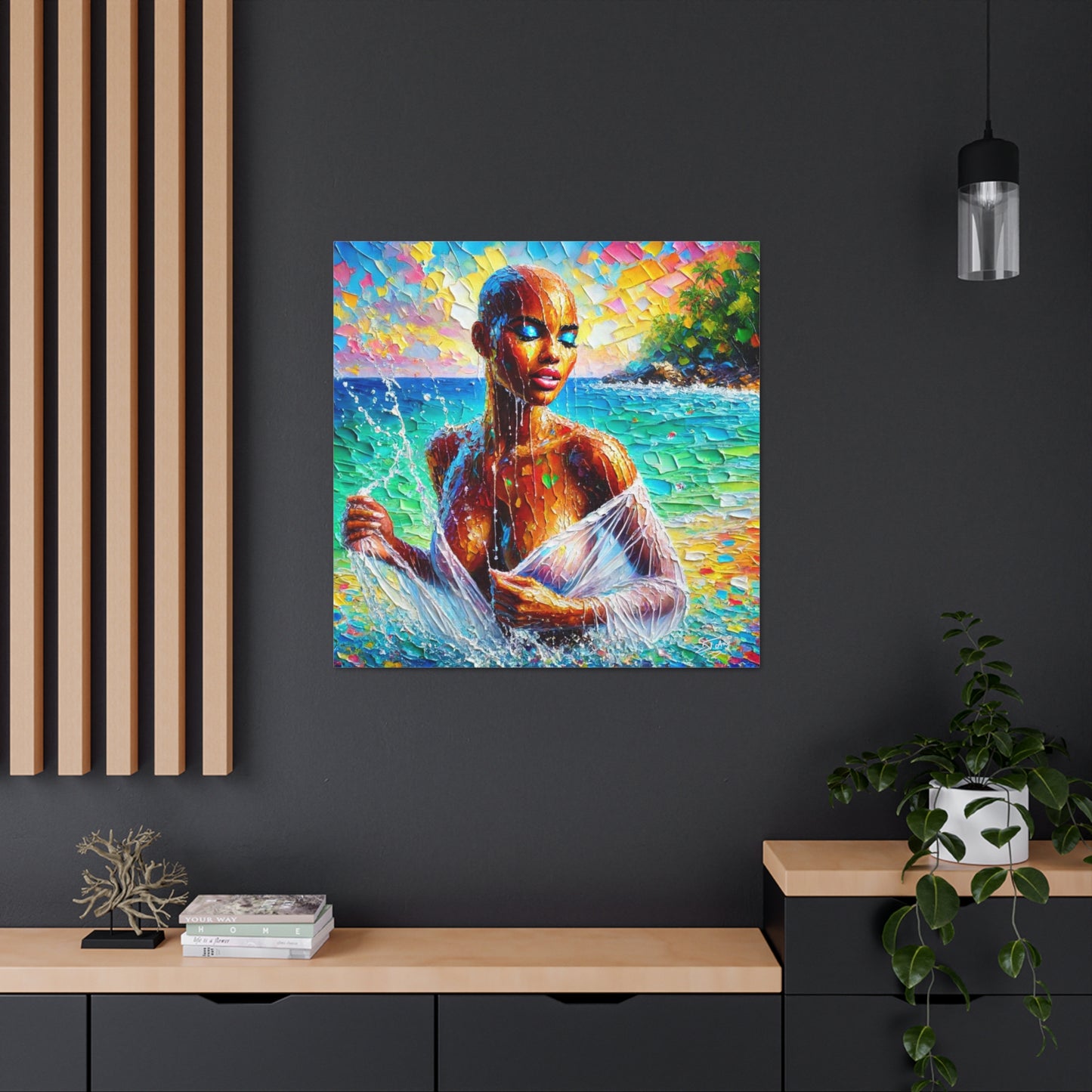 Art Print, Afro-Caribbean Woman, "Sea Bath" Abstract, Oil Finish, West Indian Ethnicity, Cultural, Heritage, Abstract, Canvas Gallery Wrap