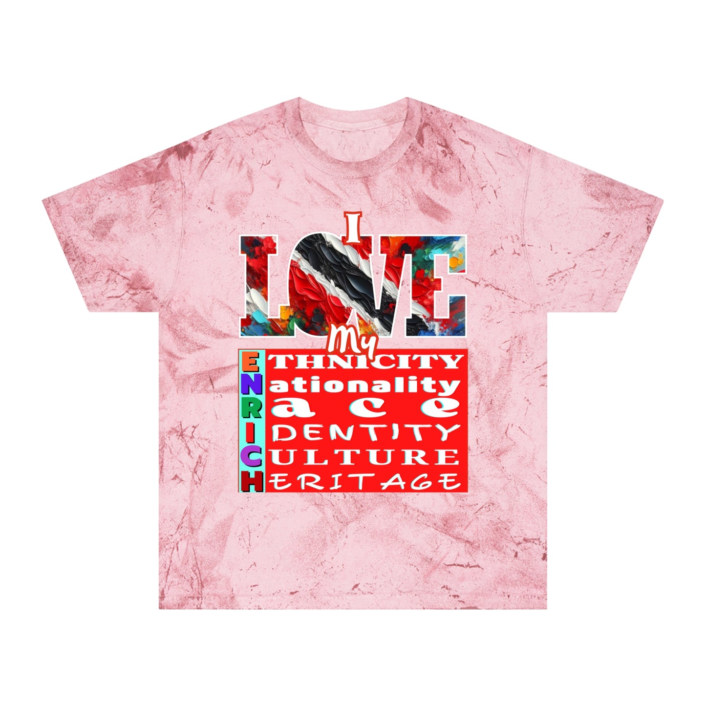 Unisex Color Blast T-Shirt "I Love My ENRICH" Trinidad Unity, Anti-Racism, One Love, Inclusion Diversity, Immigrant Outsiders, Togetherness, FashionWithPurpose, Conscious Clothing, Cultural Identity, Black Inspiration Empowerment