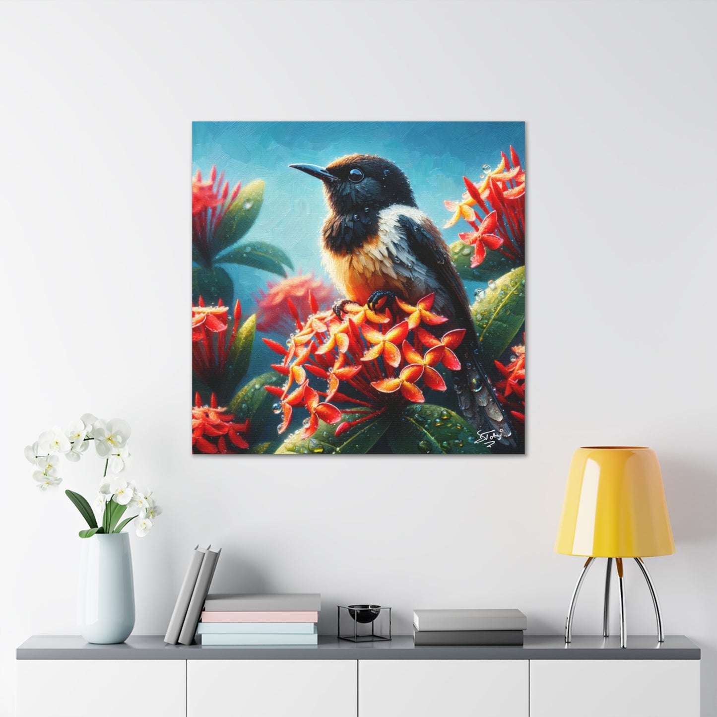 Print of Redstart Perched on Ixora Flower, Oil Paint Finish, Caribbean, Tropical, Canvas Gallery Wraps