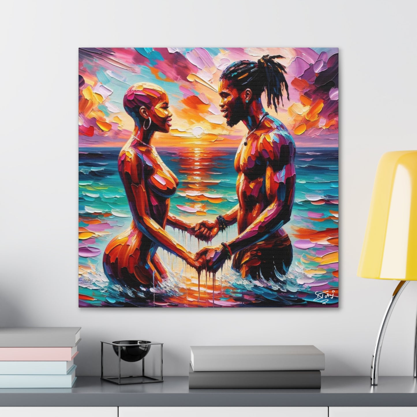 Art Print, Afro-Caribbean Couple "Skinny Dipping," Oil Finish, West Indian Ethnicity, Cultural, Heritage, Semi-Abstract, Canvas Gallery Wrap