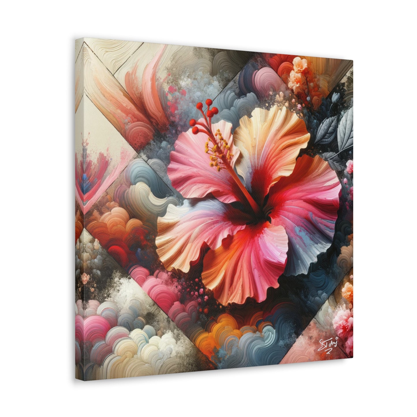 Oil Print of a Pink Hibiscus Flower, Close-up View, Semi-abstract, Caribbean, Vibrant Vivid Colors, Canvas Gallery Wraps