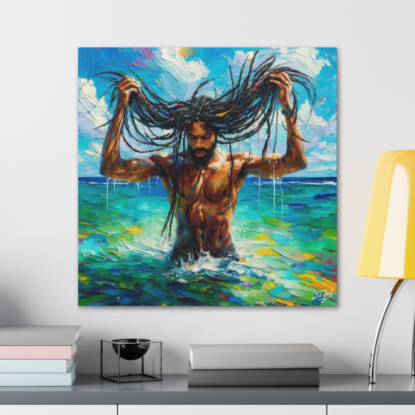 Art Print, Afro-Caribbean Man "Chilling in the Ocean" Oil Finish, West Indian Ethnicity, Cultural, Heritage, Semi-Abstract, Canvas Gallery Wrap