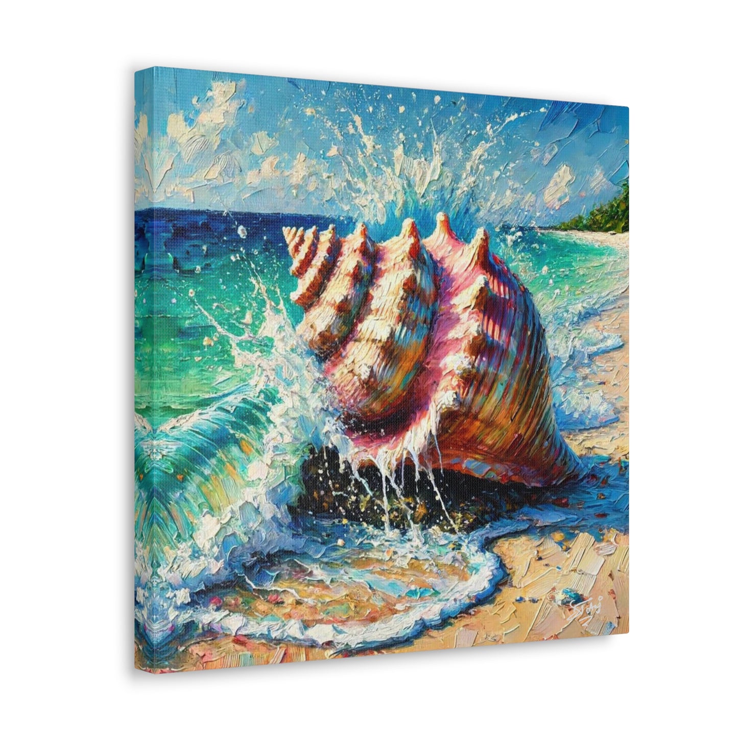 Art Print, Seashell, Caribbean Beach Scene, Abstract, Oil Painting, West Indian Art, Canvas Gallery Wraps