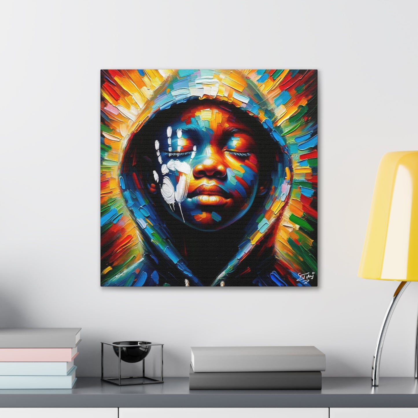 Art Print, Afro-Caribbean Boy "The Resistance," Oil Finish, West Indian Ethnicity, Cultural, Heritage, Semi-Abstract, Canvas Gallery Wrap