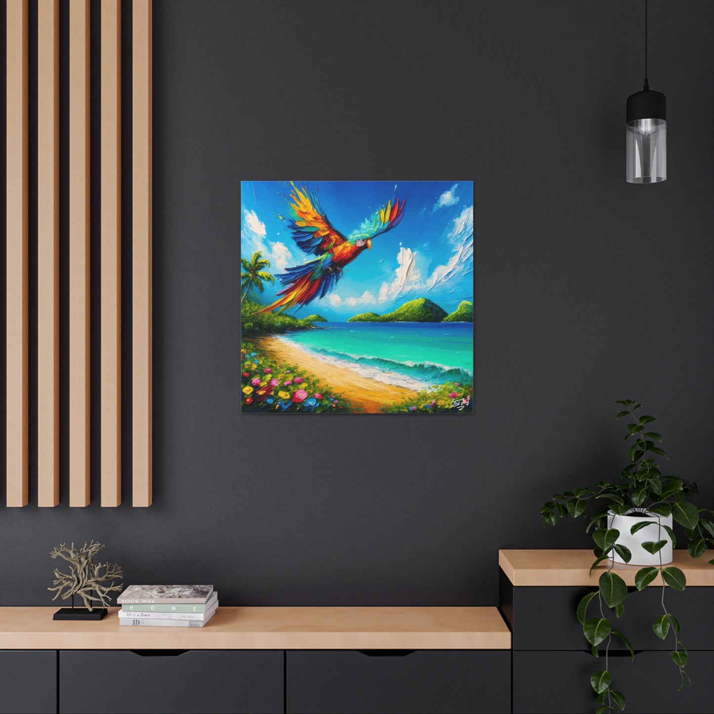 Art Print, "Bird Enjoying View," Oil Finish, Caribbean Nature, Cultural, Heritage, Semi-Abstract, Canvas Gallery Wrap