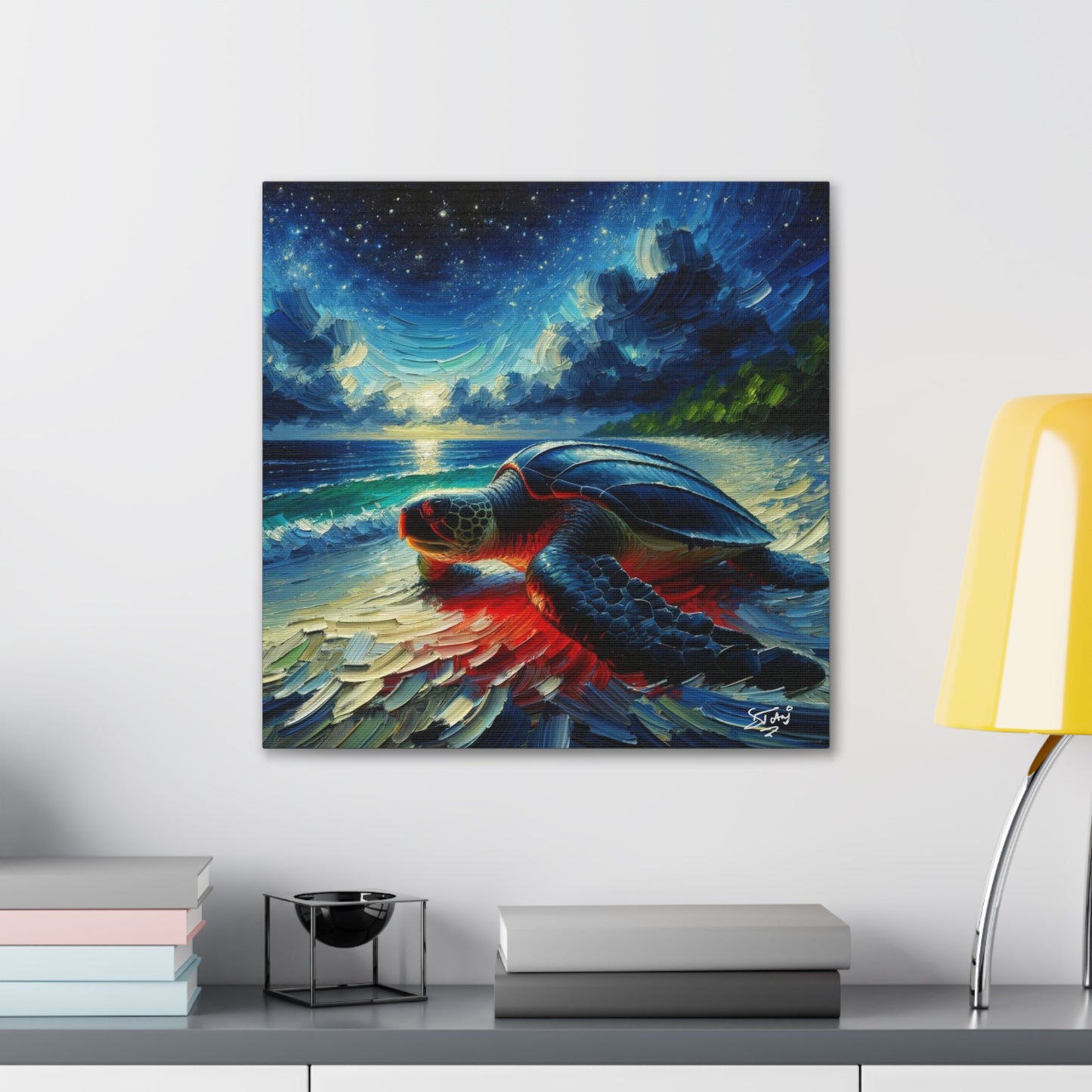 Art Print, Turtle at Night, Caribbean Wildlife, Oil Finish, Caribbean Nature, Culture, Heritage, Canvas Gallery Wrap