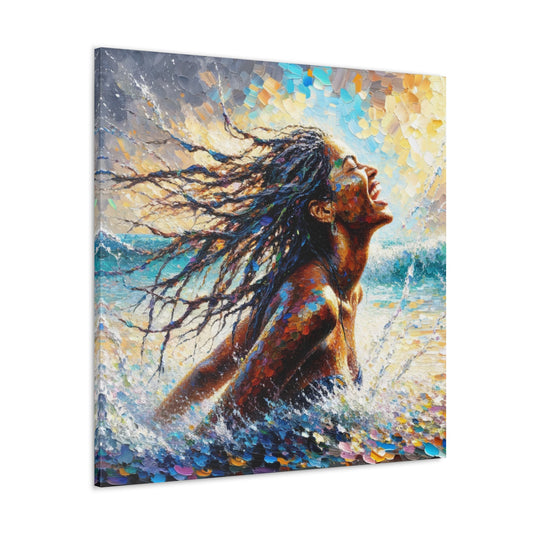 Art Print#2 of Dougla Woman's Exhilaration Captured - Joy, Laughter, Color, Caribbean Sea, Oil Finish, West Indian Art, Canvas Gallery Wraps