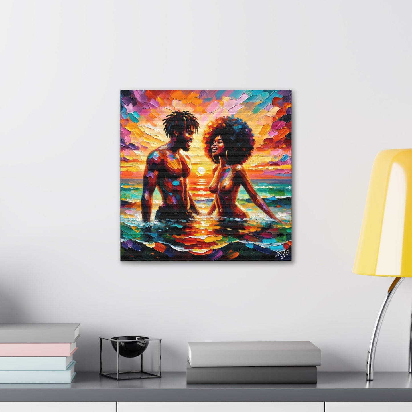 Art Print, Afro-Caribbean Couple in the Sea, Oil Finish, West Indian Ethnicity, Cultural, Heritage, Semi-Abstract, Canvas Gallery Wrap