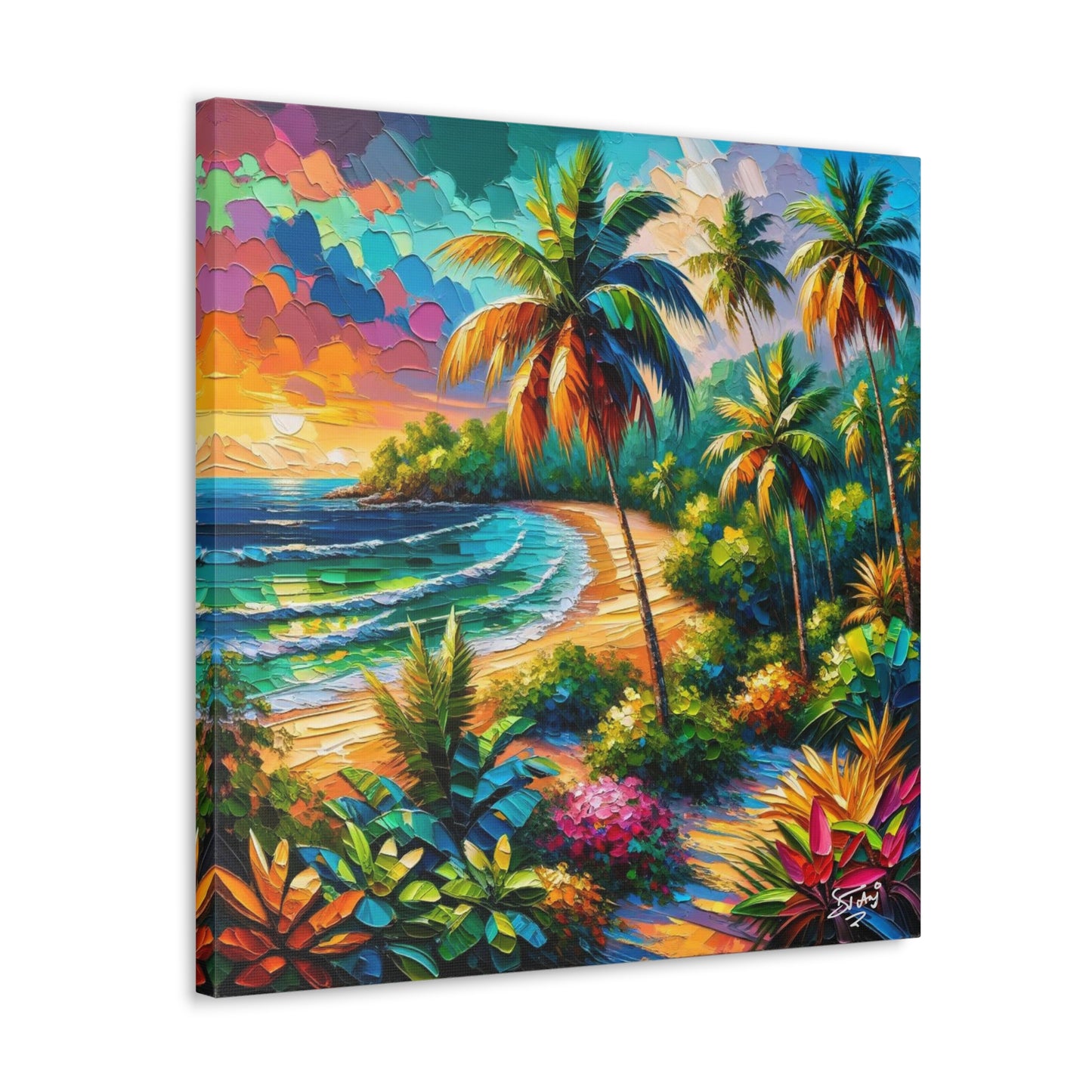 Art Print of Caribbean Beach Sunset, Semi-Abstract, Oil Painting, West Indian Art, Canvas Gallery Wraps