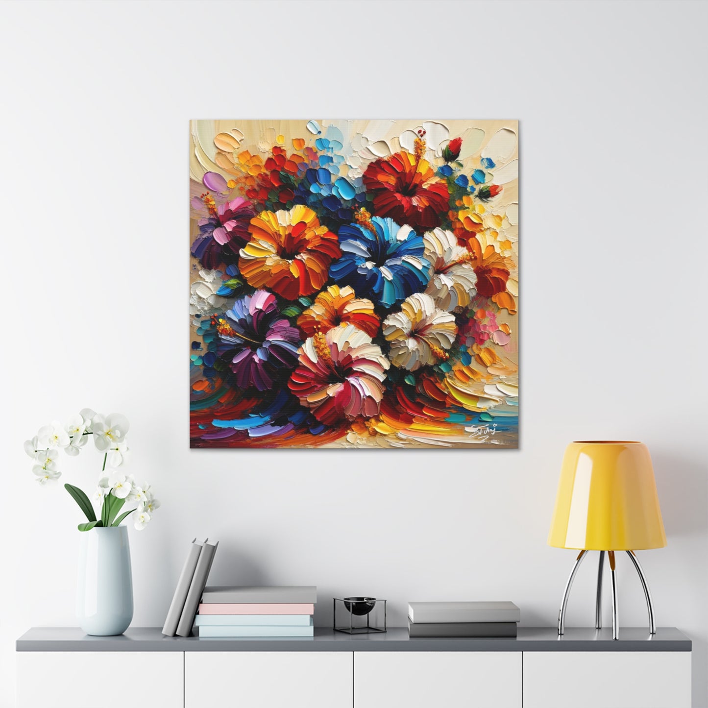 Print#2 of Hibiscus Flower Arrangement, Semi-abstract, Oil Paint finish, Caribbean, Tropical, Canvas Gallery Wraps