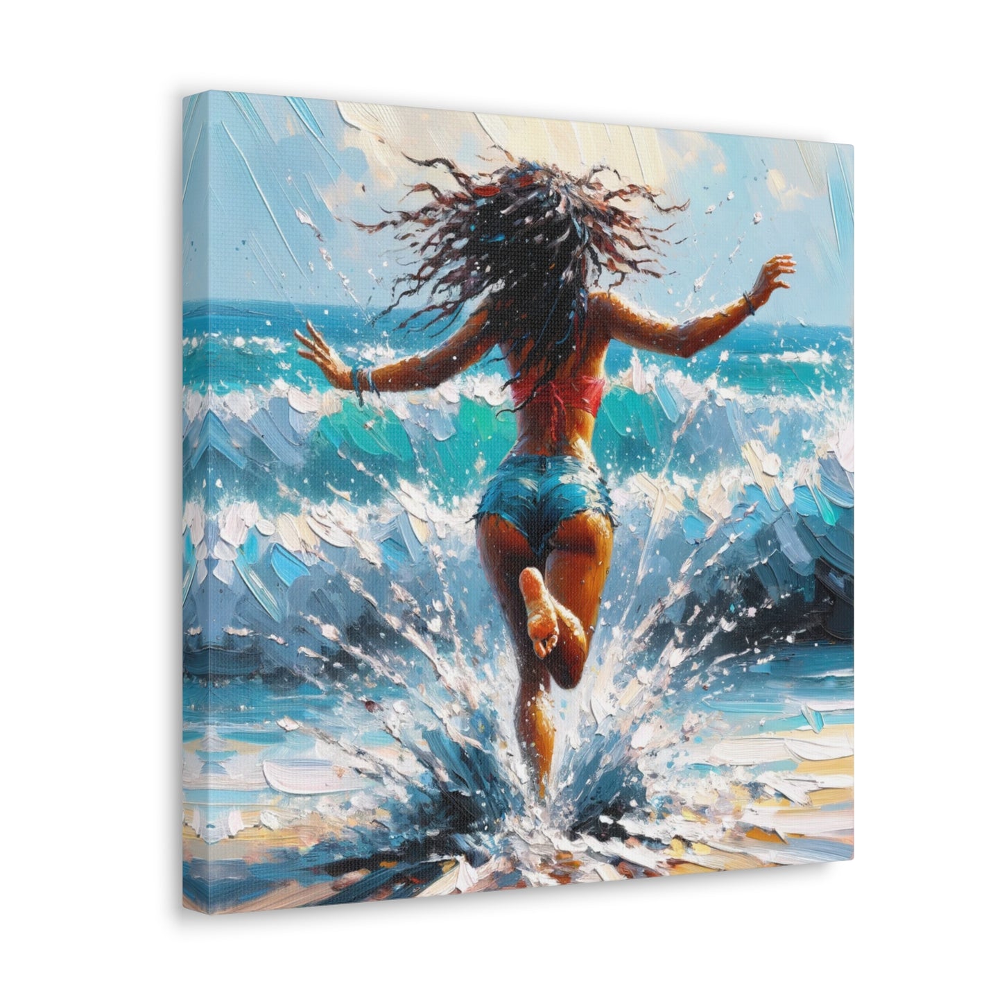 Art Print, East Indian Woman from Trinidad running into the Atlantic Ocean, Caribbean, Oil Finish, West Indian Art, Canvas Gallery Wraps