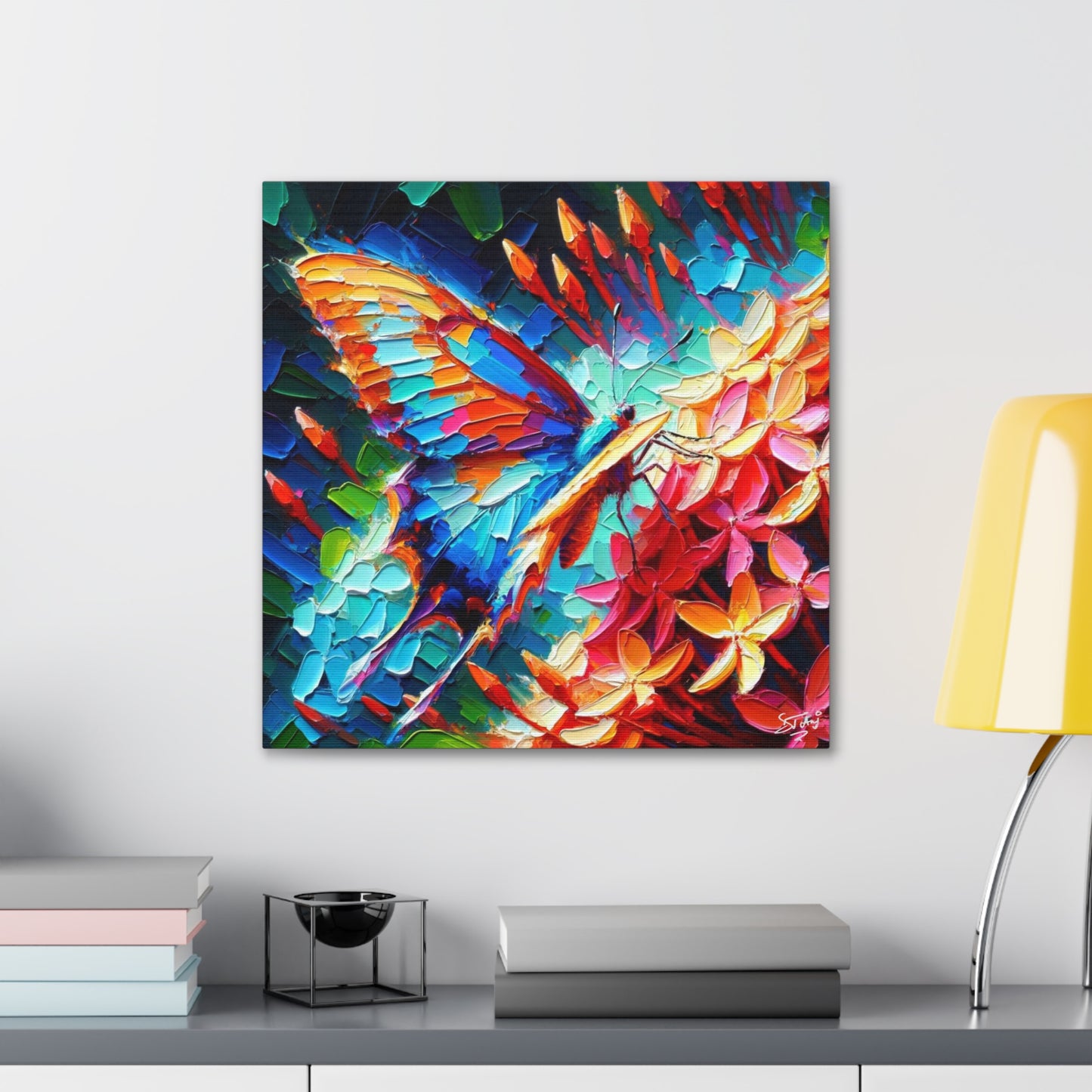 Art Print, Butterfly on Ixoras, Oil Finish, Caribbean Nature, Cultural, Heritage, Semi-Abstract, Canvas Gallery Wrap