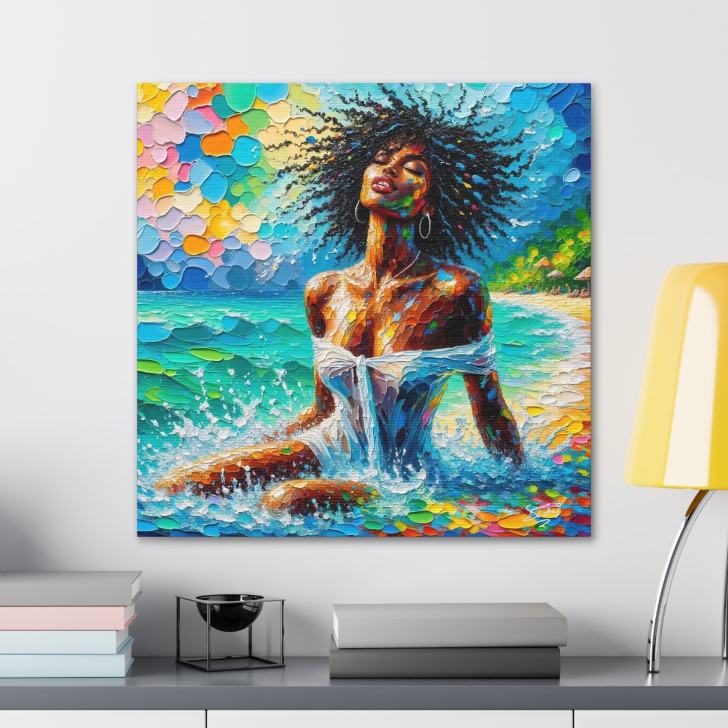 Art Print, Afro-Caribbean Woman, "Sea Bath" Abstract, Oil Finish, West Indian Ethnicity, Cultural, Heritage, Abstract, Canvas Gallery Wrap