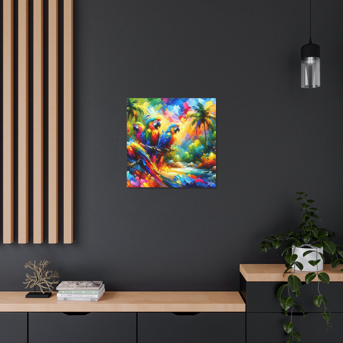 Art Print, The Parrots, Oil Finish, Caribbean Nature, Cultural, Heritage, Semi-Abstract, Canvas Gallery Wrap