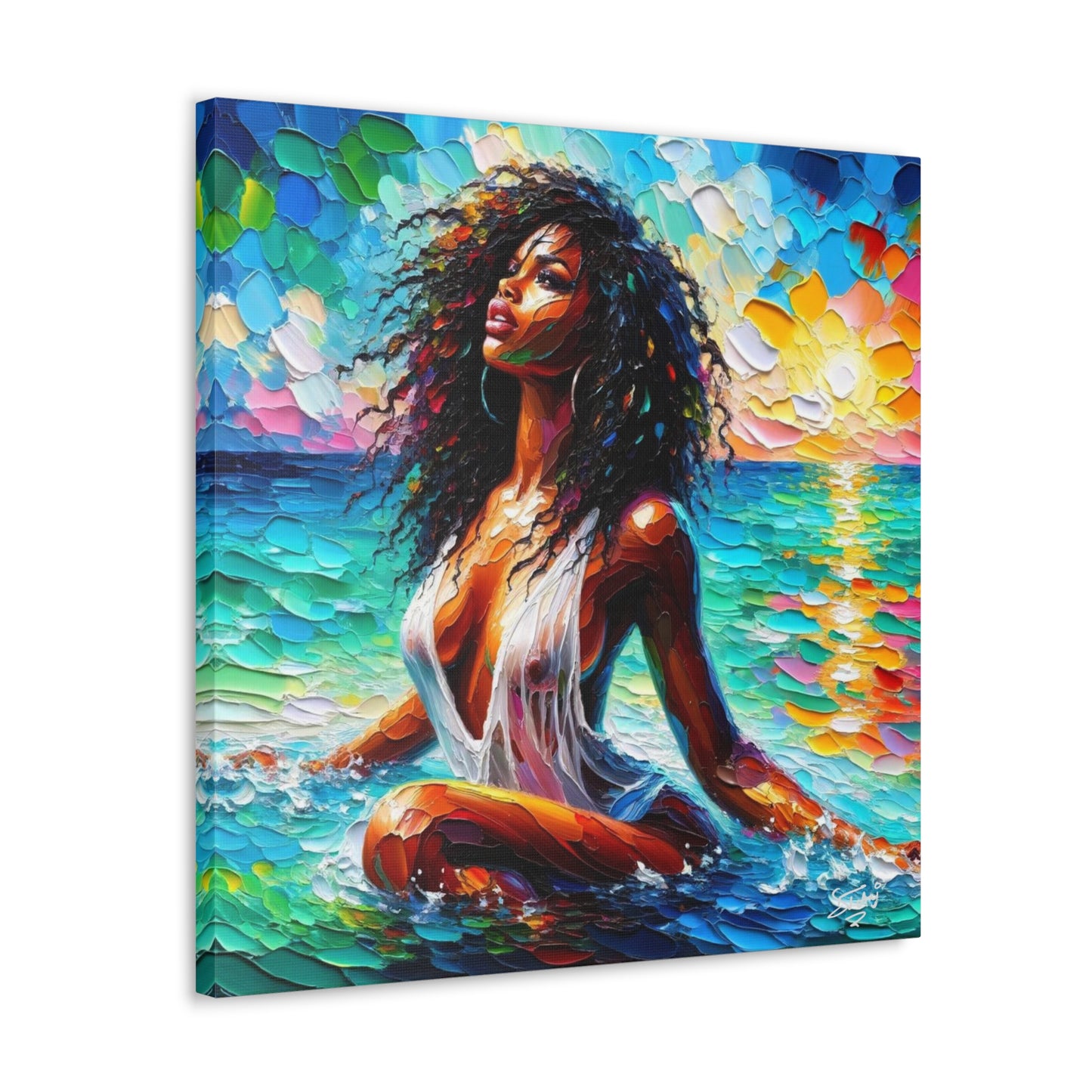 Art Print, Afro-Caribbean Woman, "Sea Bath" Abstract, Oil Finish, West Indian Ethnicity, Cultural, Heritage, Abstract, Canvas Gallery Wrap