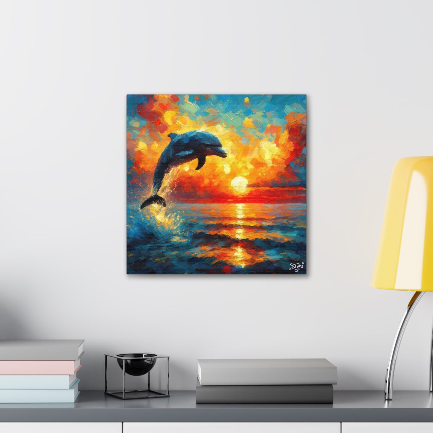 Art Print, Dolphin at Sunset, Oil Finish, Caribbean Nature, Canvas Gallery Wrap