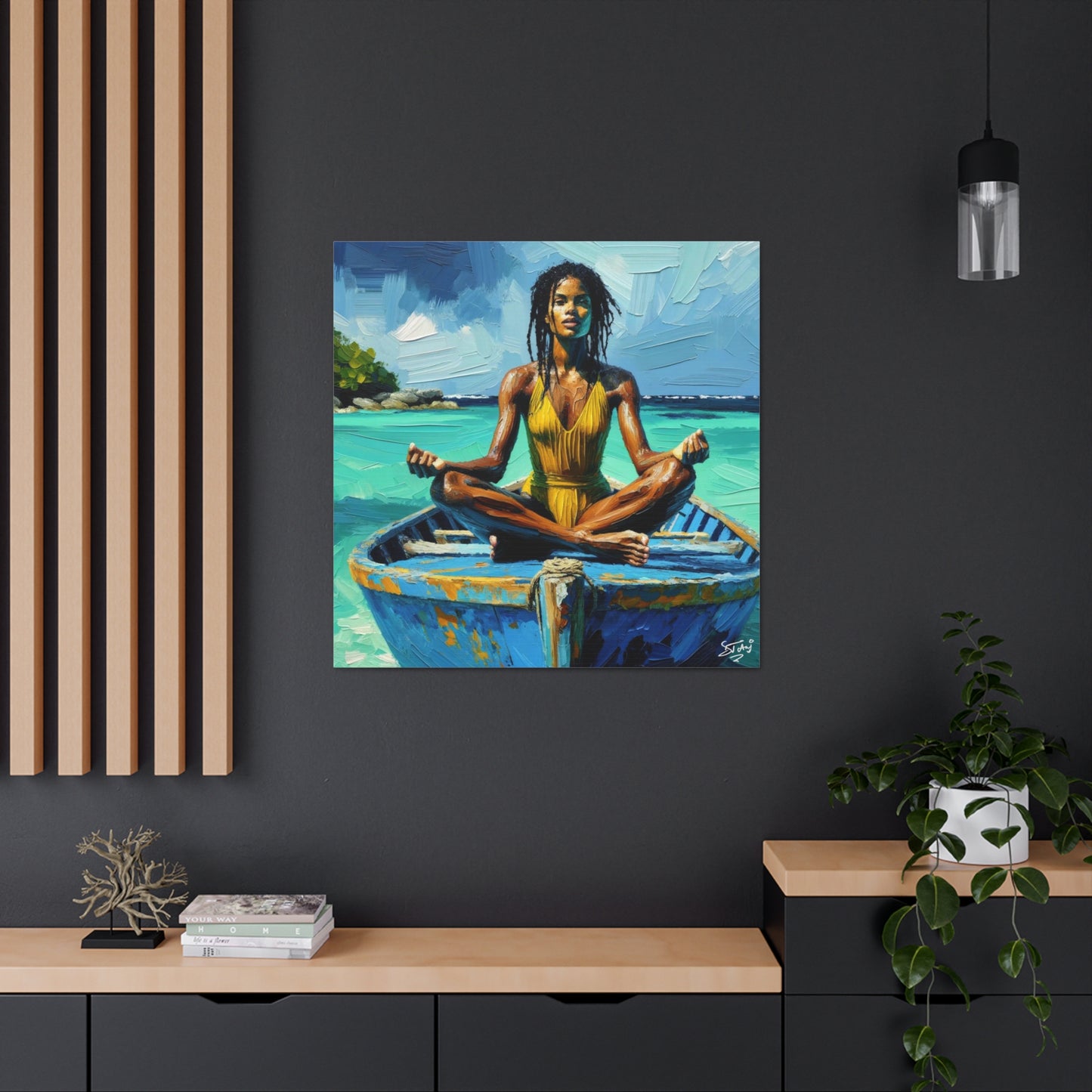 Art Print, Afro-Caribbean Woman "Chilling in the Boat (4)" Oil Finish, West Indian Ethnicity, Cultural, Heritage, Semi-Abstract, Canvas Gallery Wrap