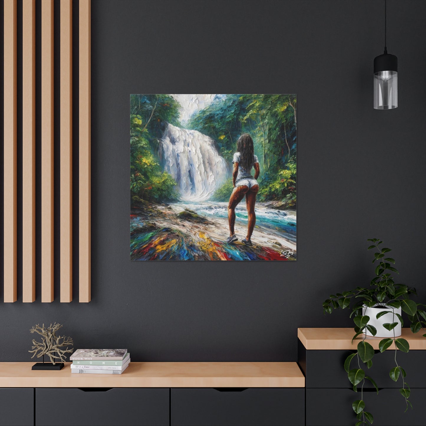 Art Print, Dougla Woman "Chilling at the Waterfall" Oil Finish, West Indian Ethnicity, Cultural, Heritage, Semi-Abstract, Canvas Gallery Wrap