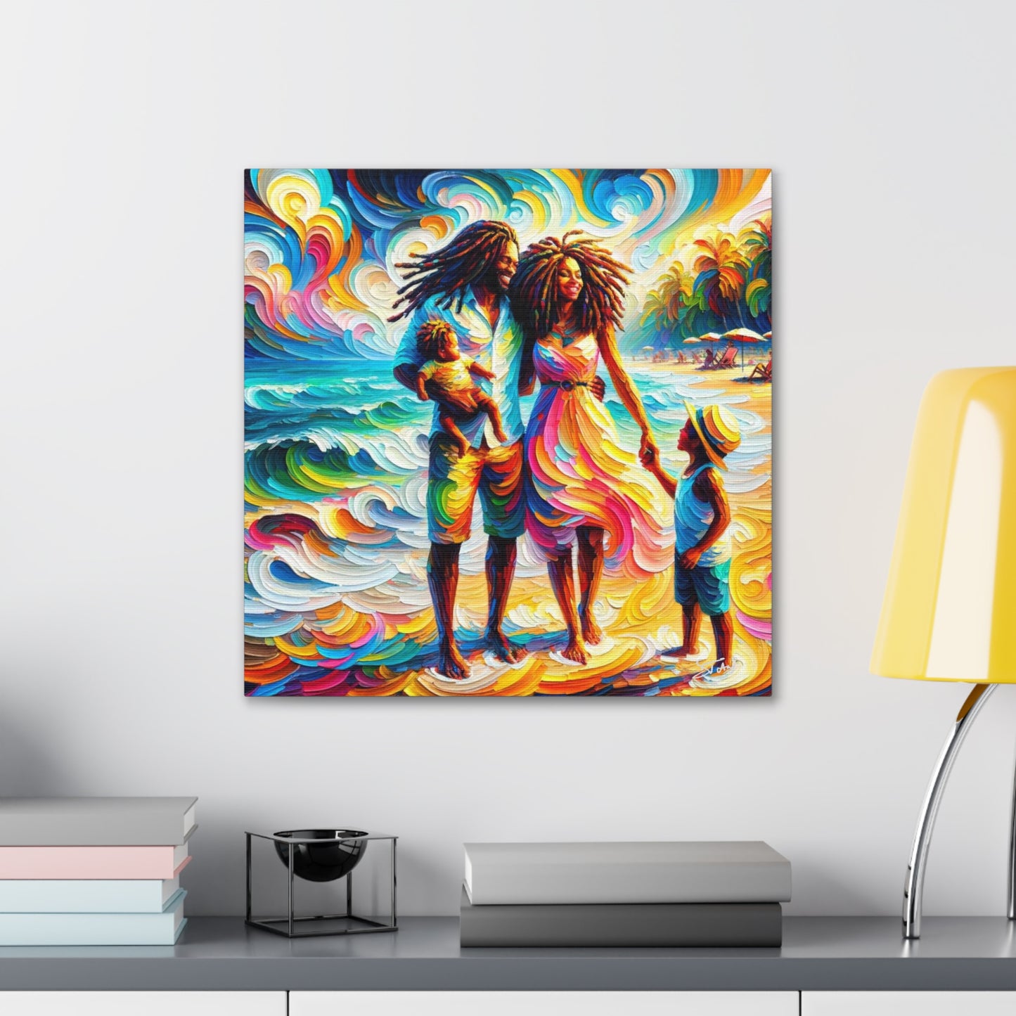 Art Print, Afro-Caribbean Family "Walking on the Beach," Oil Finish, West Indian Ethnicity, Cultural, Heritage, Semi-Abstract, Canvas Gallery Wrap