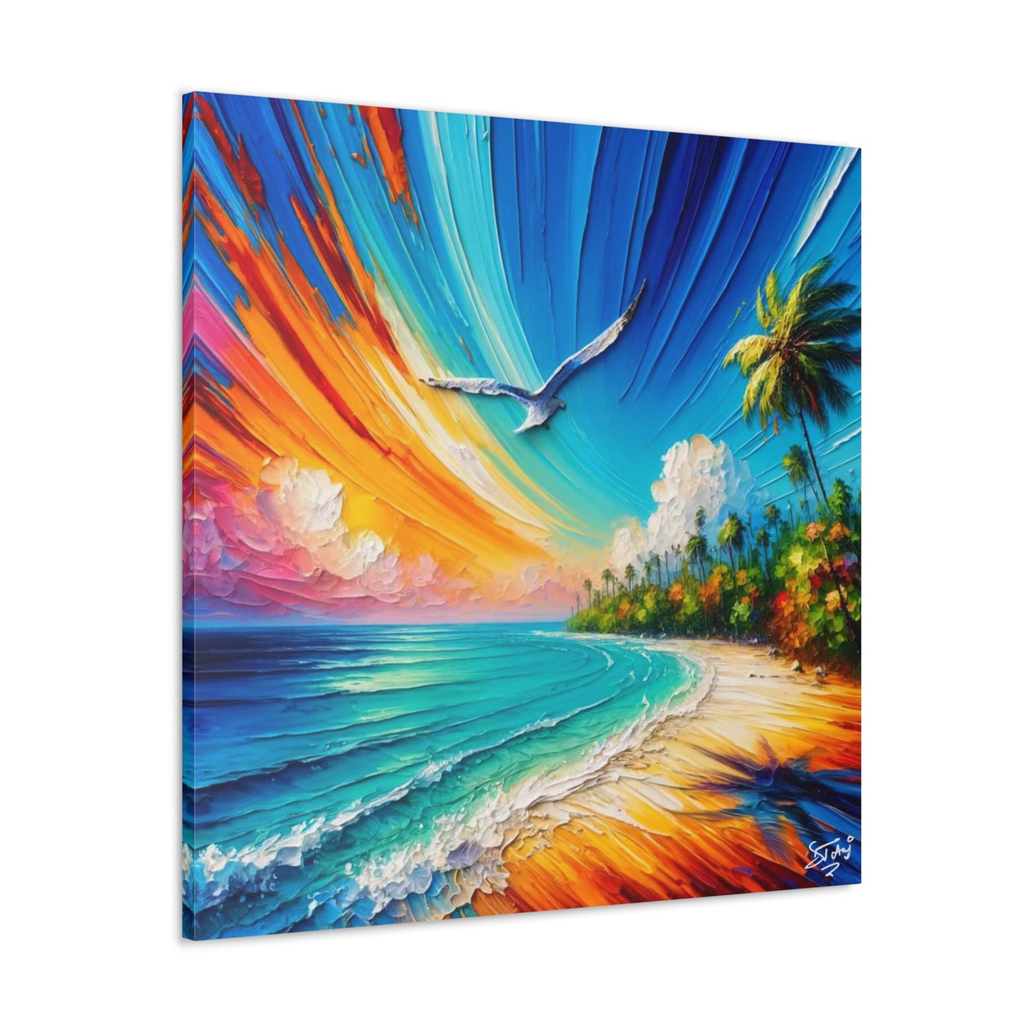 Art Print, "Bird Enjoying View," Oil Finish, Caribbean Nature, Cultural, Heritage, Semi-Abstract, Canvas Gallery Wrap