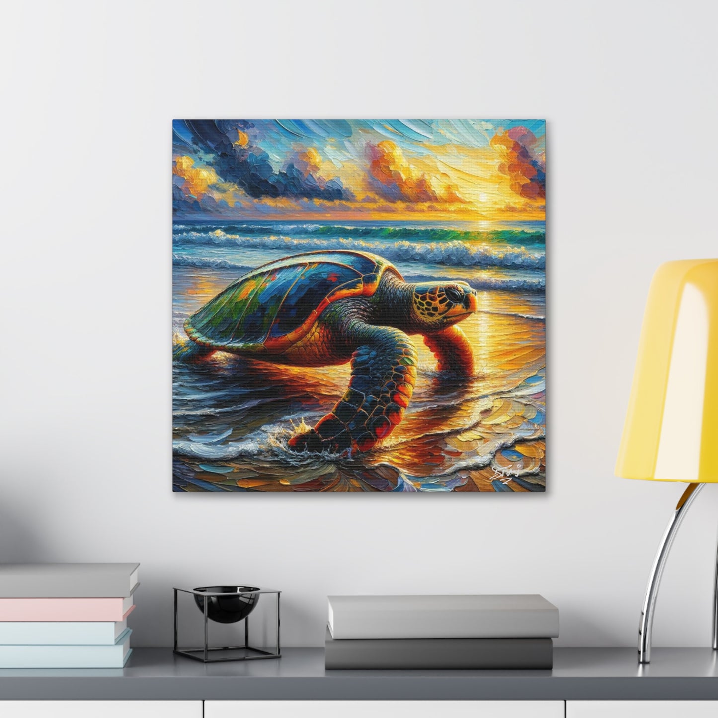 Art Print, Turtle at Sunset, Caribbean Wildlife, Oil Finish, Caribbean Nature, Culture, Heritage, Canvas Gallery Wrap