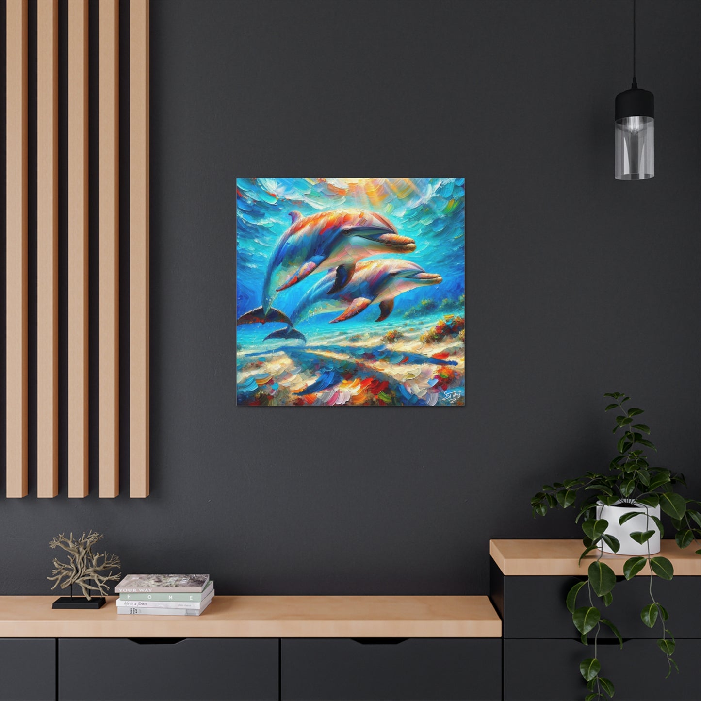 Art Print, Two Dolphins, Oil Finish, Caribbean Nature, Canvas Gallery Wrap