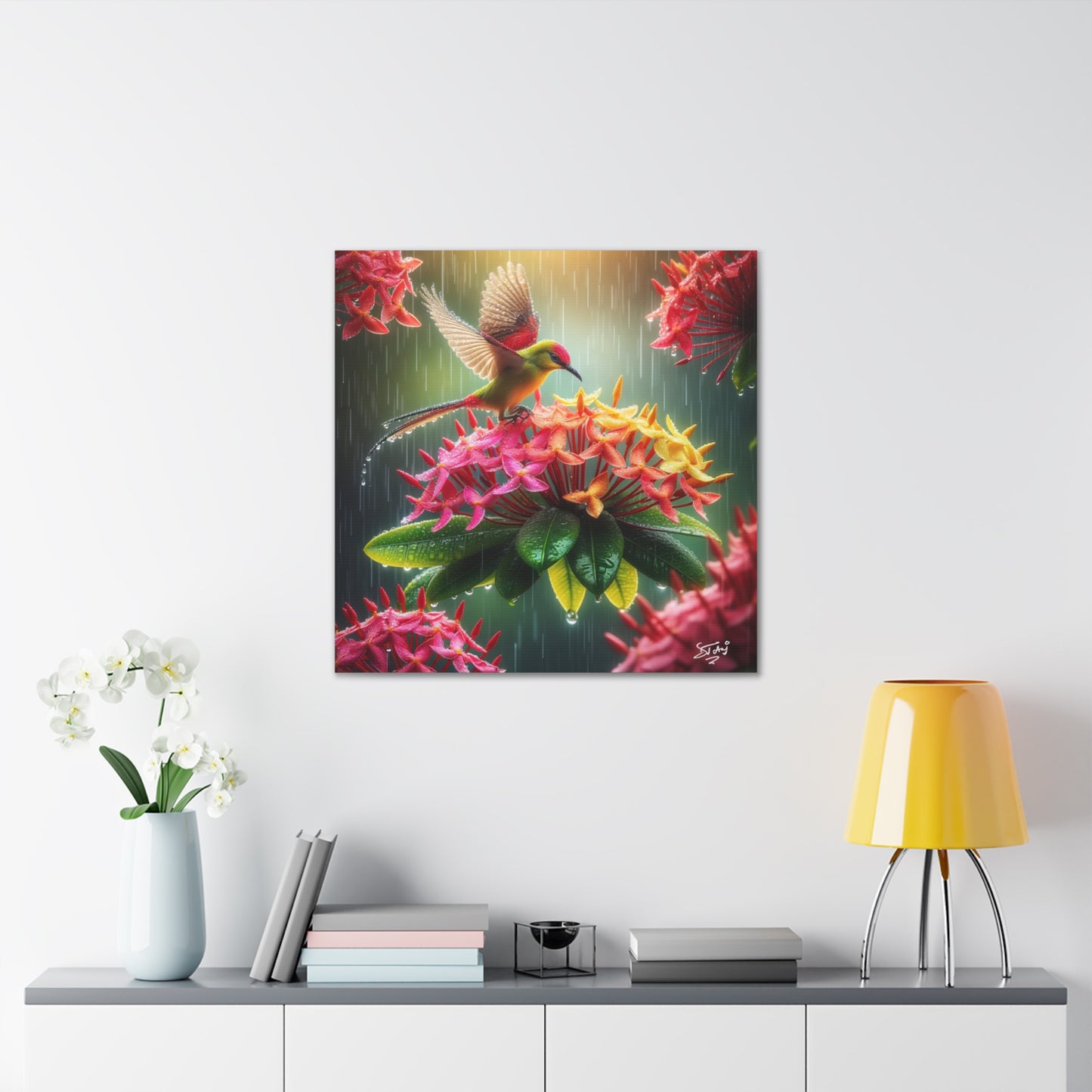 Print of Tropical Bird in the Rain Perched on Ixora Flower, Oil Paint Finish, Caribbean, Tropical, Canvas Gallery Wraps