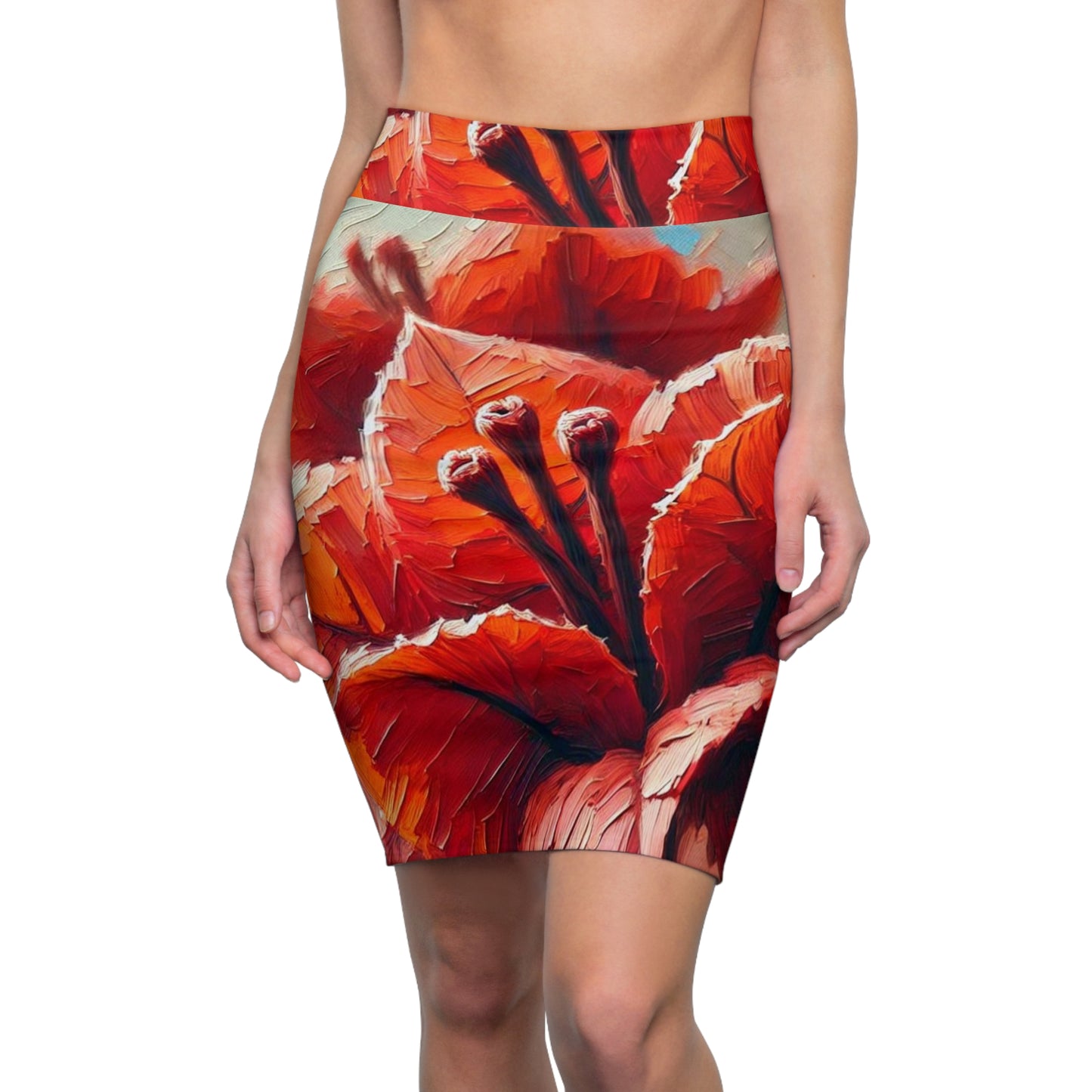 Women's Pencil Skirt (AOP) Red Bougainvillea Print