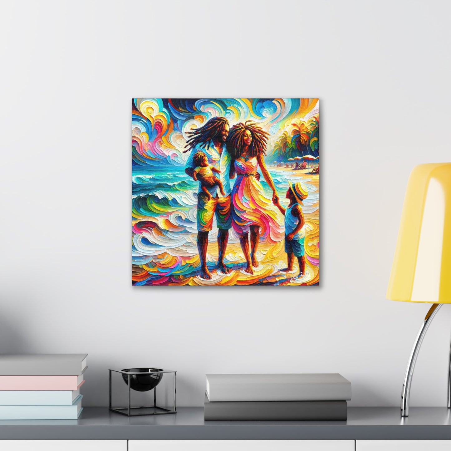 Art Print, Afro-Caribbean Family "Walking on the Beach," Oil Finish, West Indian Ethnicity, Cultural, Heritage, Semi-Abstract, Canvas Gallery Wrap