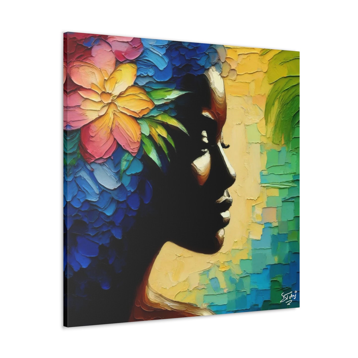 Art Print, Afro-Caribbean Woman "Deep in Thought" Oil Finish, West Indian Ethnicity, Cultural, Heritage, Semi-Abstract, Canvas Gallery Wrap