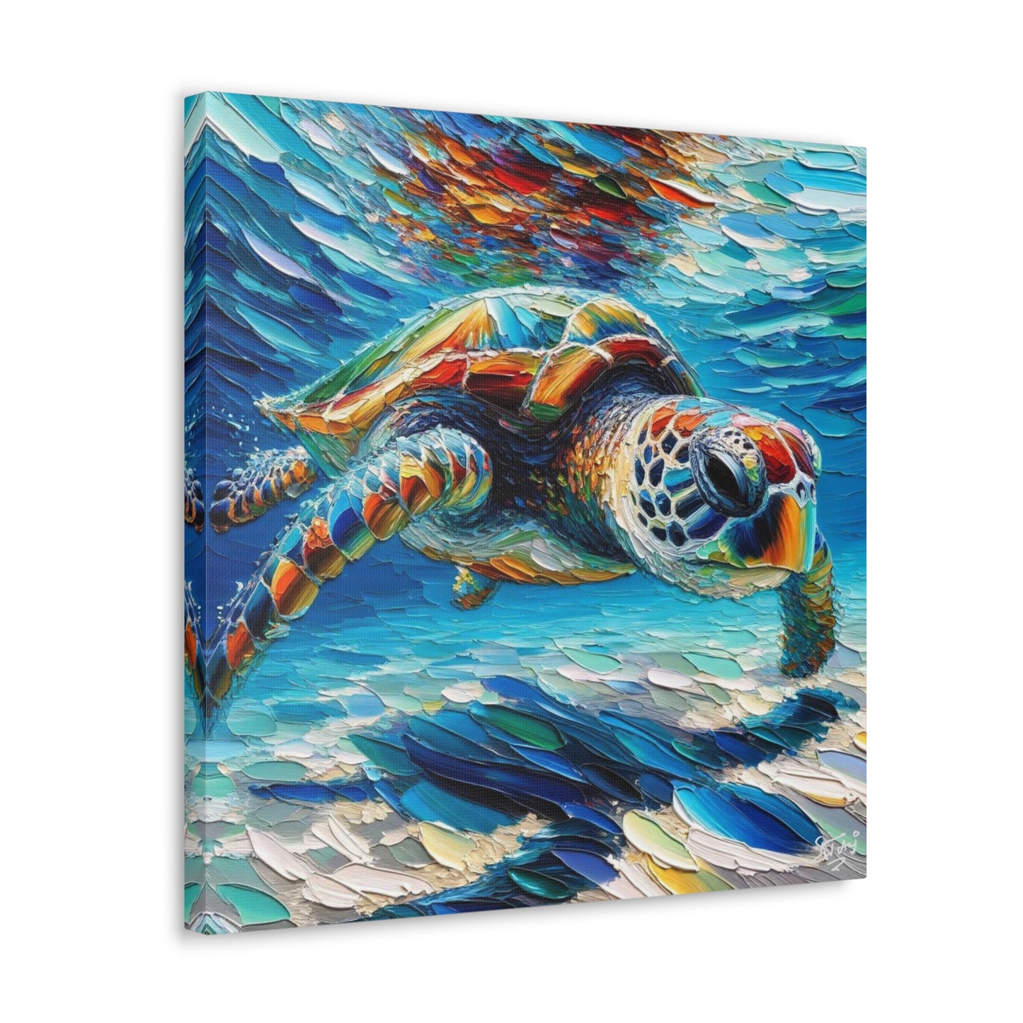 Art Print, Turtle in Reef, Oil Finish, Caribbean Nature, Cultural, Heritage, Semi-Abstract, Canvas Gallery Wrap