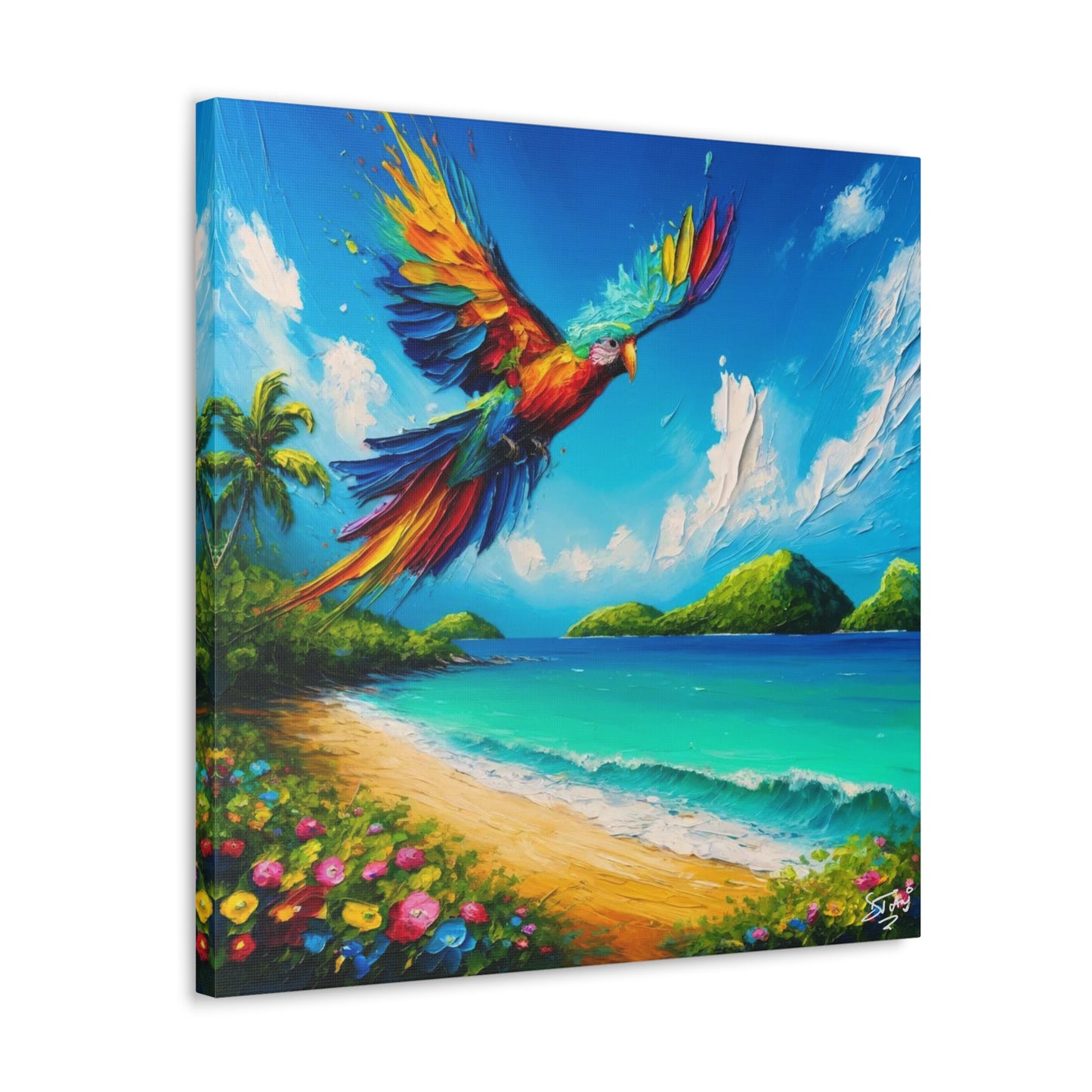 Art Print, "Bird Enjoying View," Oil Finish, Caribbean Nature, Cultural, Heritage, Semi-Abstract, Canvas Gallery Wrap