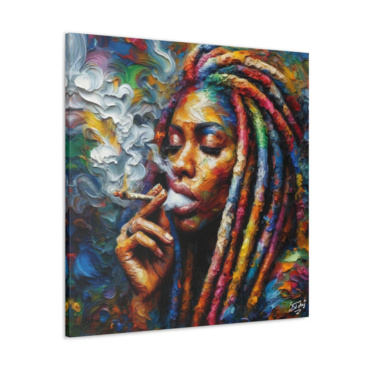 Art Print of Rasta-Woman Smoking, Oil Finish, West Indian Ethnicity, Cultural, Heritage, Afro-Caribbean Man, Semi-Abstract, Canvas Gallery Wrap