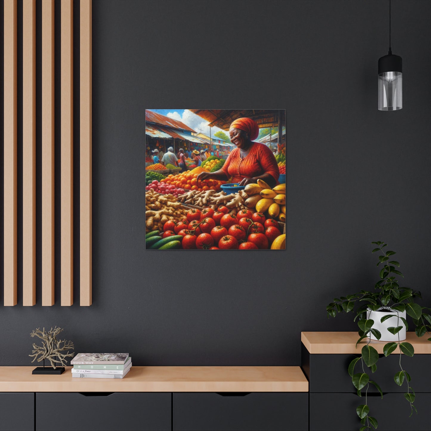 Art Print#6, "Selling at the Market", Market Scene in Trinidad, Caribbean, Oil Finish, West Indian Art, Canvas Gallery Wraps