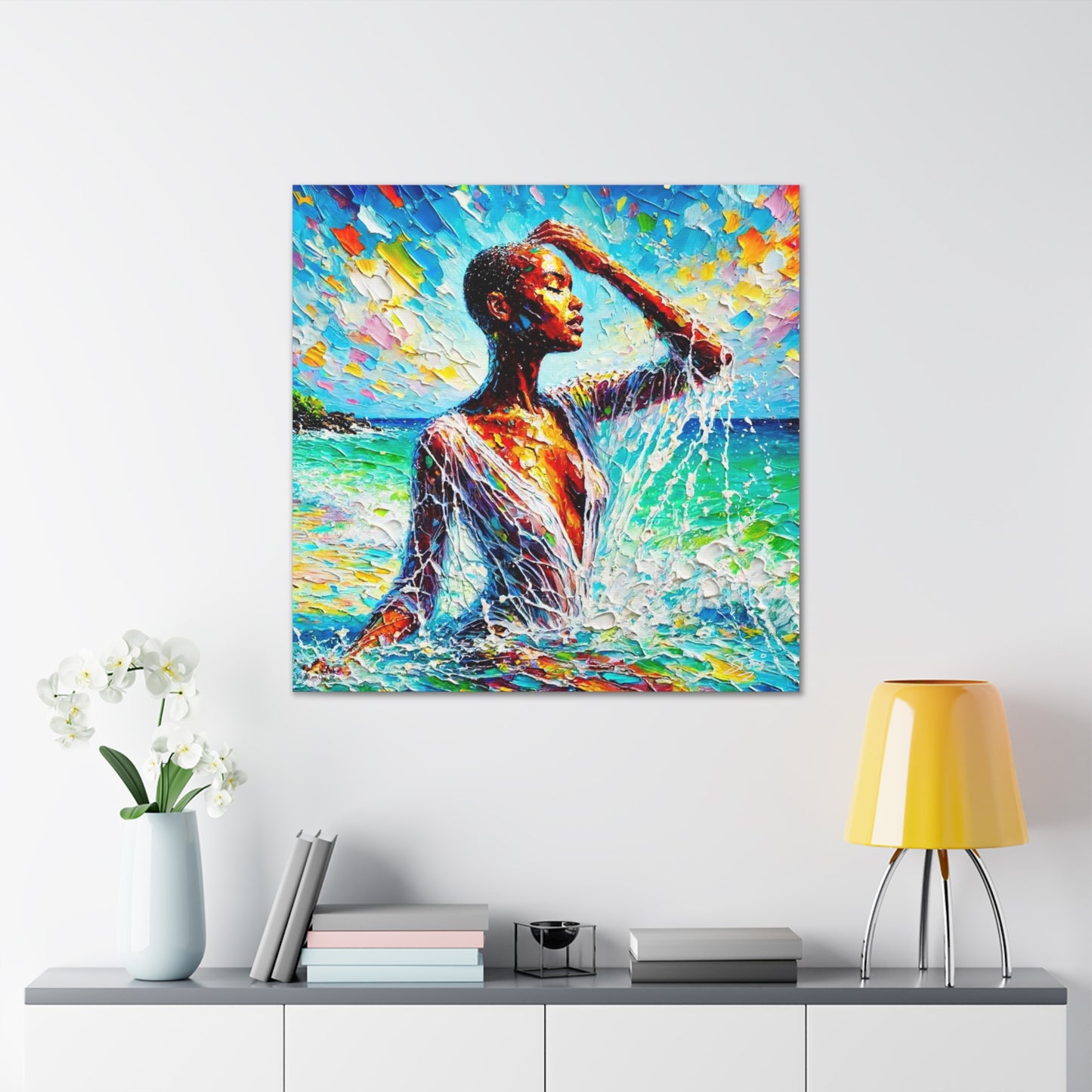 Art Print, Afro-Caribbean Woman, "Sea Bath" Abstract, Oil Finish, West Indian Ethnicity, Cultural, Heritage, Abstract, Canvas Gallery Wrap