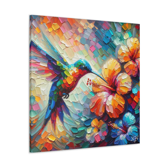 Art Print, Hummingbird on Hibiscus, Oil Finish, Caribbean Nature, Cultural, Heritage, Semi-Abstract, Canvas Gallery Wrap