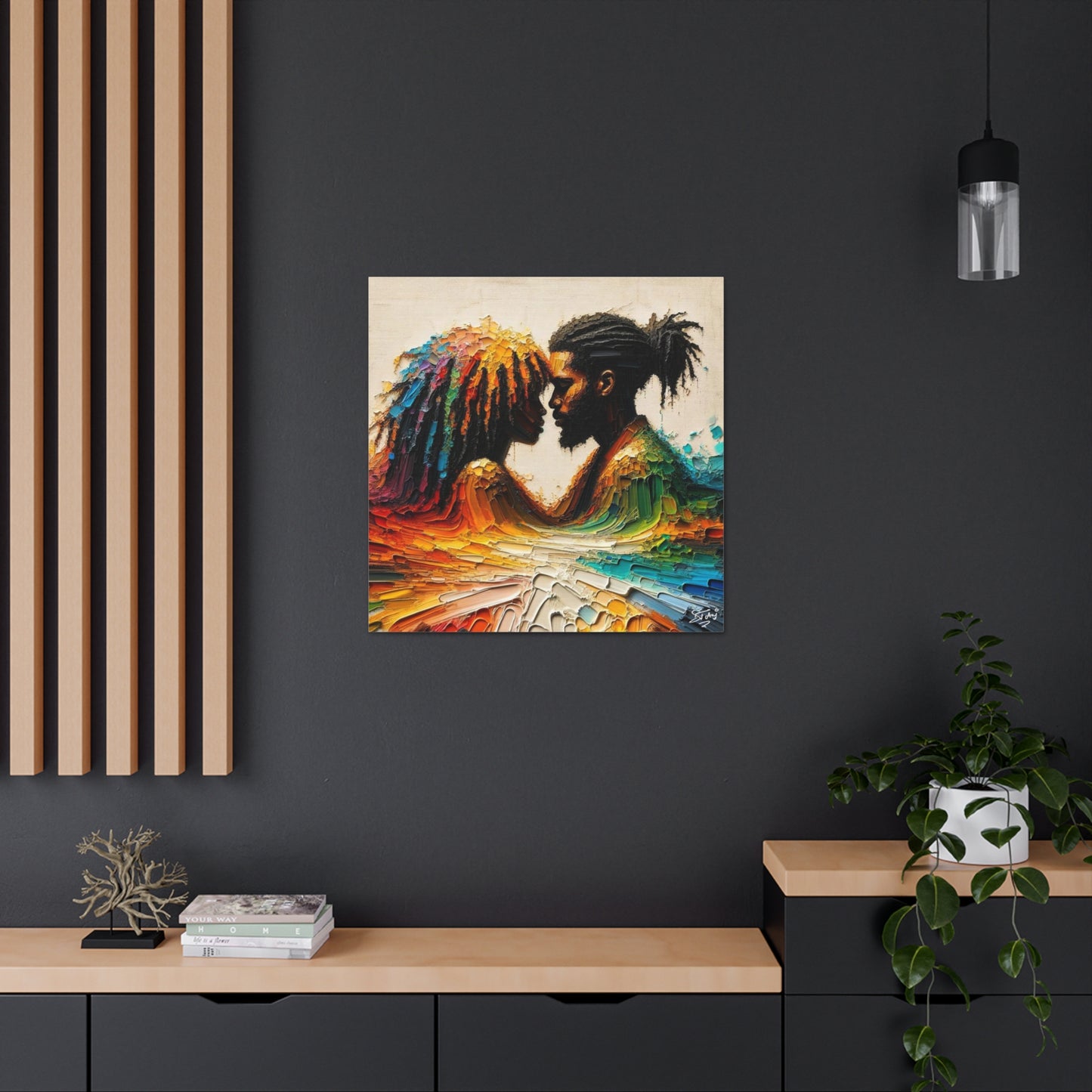 Art Print, Afro-Caribbean Couple in Love (2), Oil Finish, West Indian Ethnicity, Cultural, Heritage, Semi-Abstract, Canvas Gallery Wrap